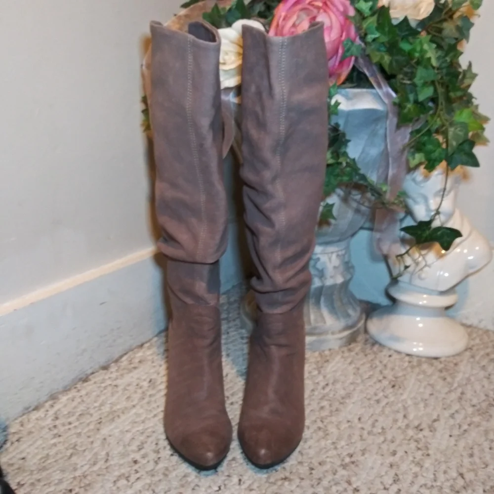 Bronx Knee High Brown Wedge Scrunchy Leather Pull-On Boots - Picture 8 of 8